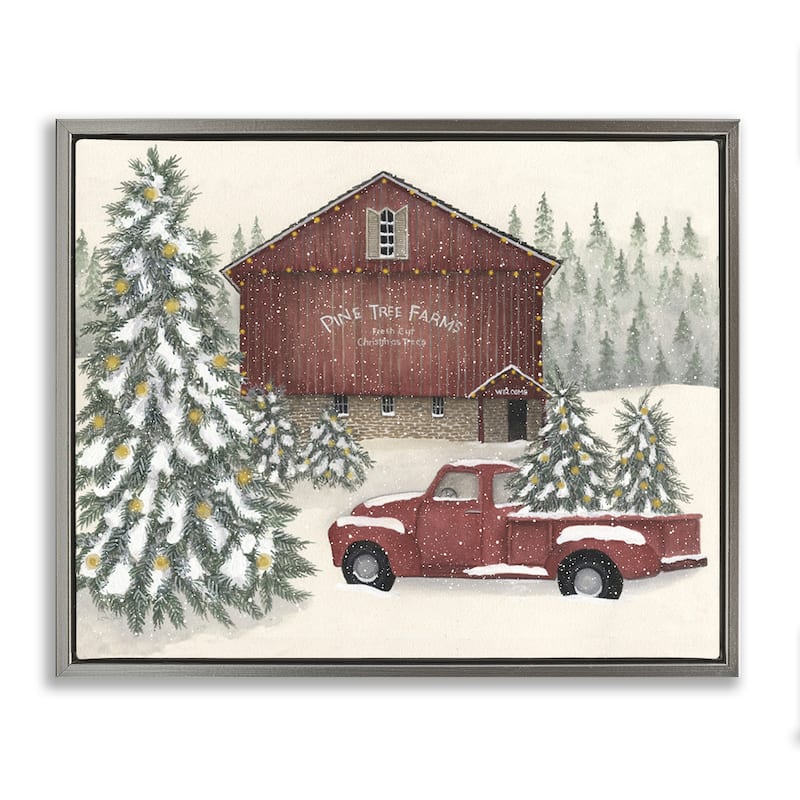 Stupell Winter Pine Tree Farm Framed Floater Canvas Wall Art Design By Linda Spivey - 31 x 25 - Grey