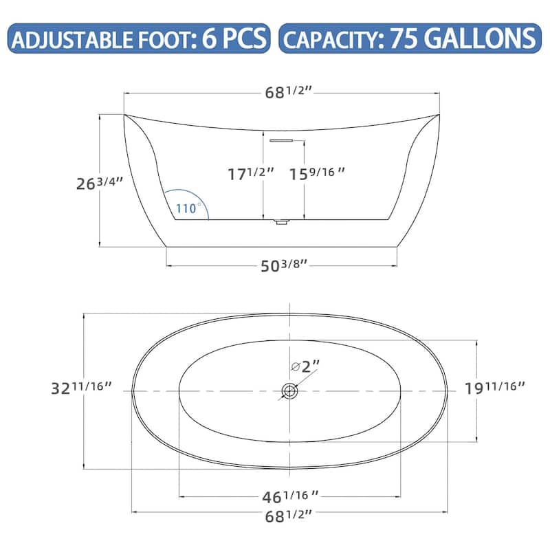 69 in. x 32.68 in. Acrylic Freestanding Soaking Bathtub in Gloss White - 32.68“ x 69"
