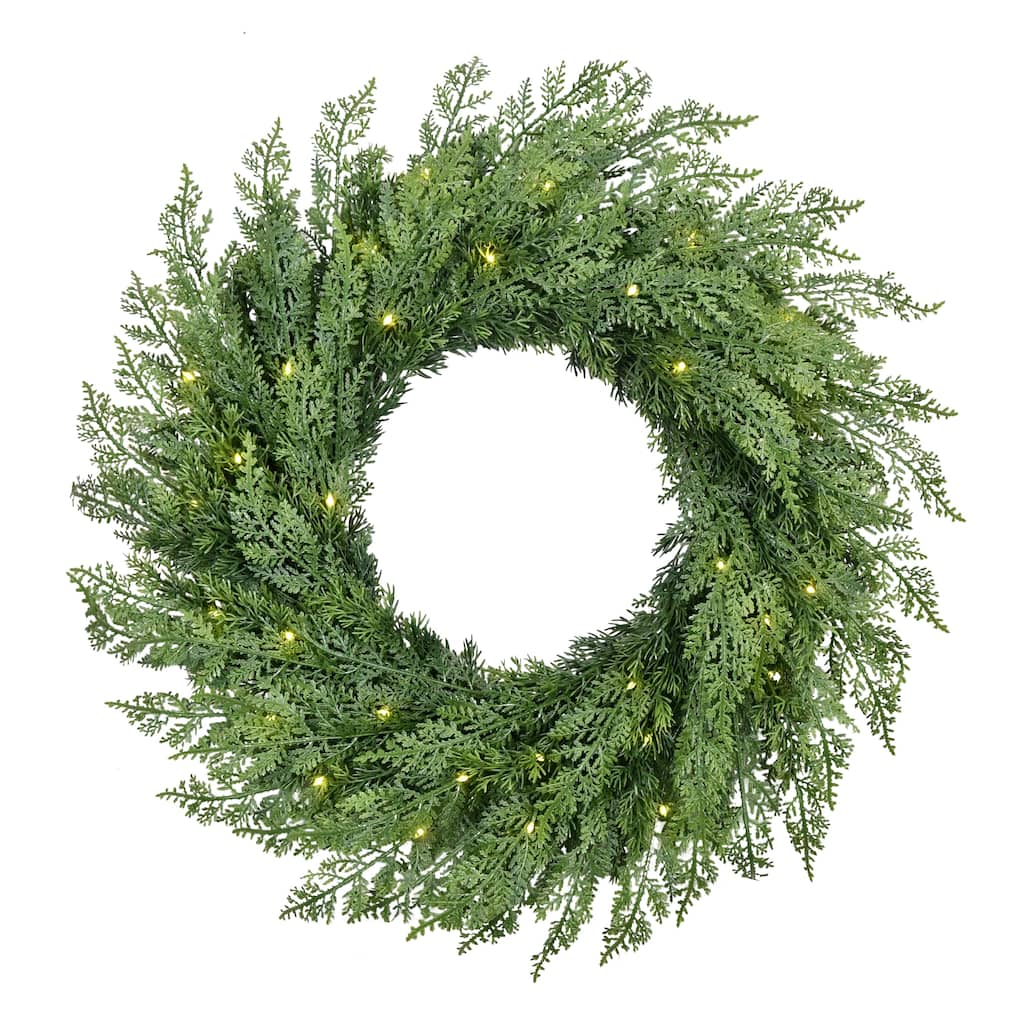 Puleo International 24" Pre-Lit Battery-Operated Artificial Flocked Wreath with Twinkle Rice Lights