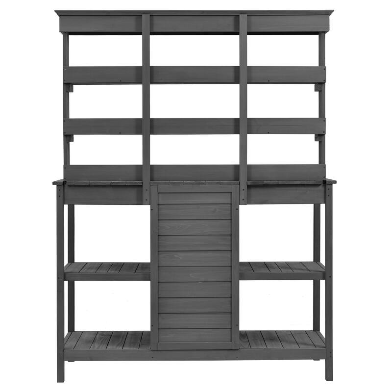 Roomfitters 66" Large Farmhouse Outdoor Potting Bench Table with 2 Drawers, Cabinet and Open Shelves, Gray