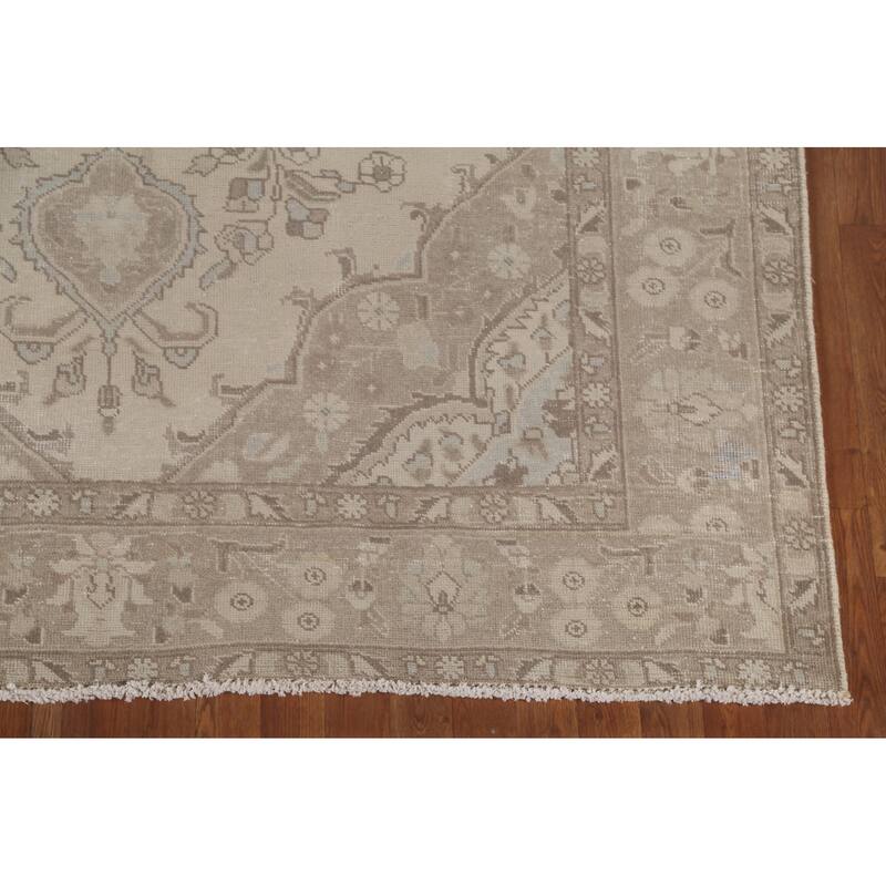 Distressed Beige Tabriz Persian Vintage Rug Hand-Knotted Wool Carpet - 6'4"x 9'3"