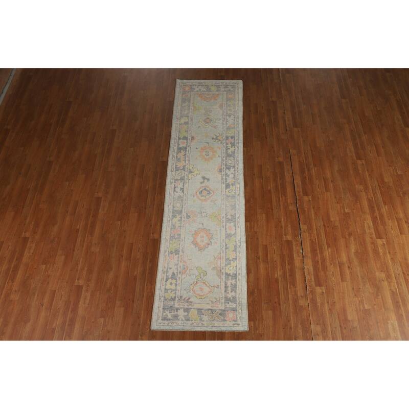 Hand Knotted Oriental 100% Wool Carpet Transitional Floral Navy Blue & Blues Oushak Runner Rug - 10' 9'' X 2' 11''