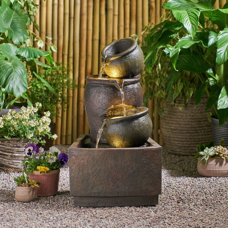 3-Tier Outdoor Fountain with Light, 30.75" Weather Resistant Floor Fountain - 30.75"H - Brown - 30.75"H
