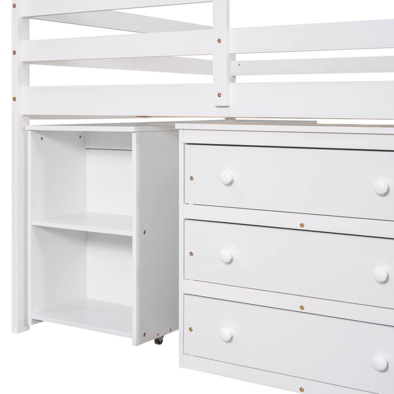 Full Size Loft Bed with Desk, Storage Drawers, and Bookshelf - Space-Saving Design