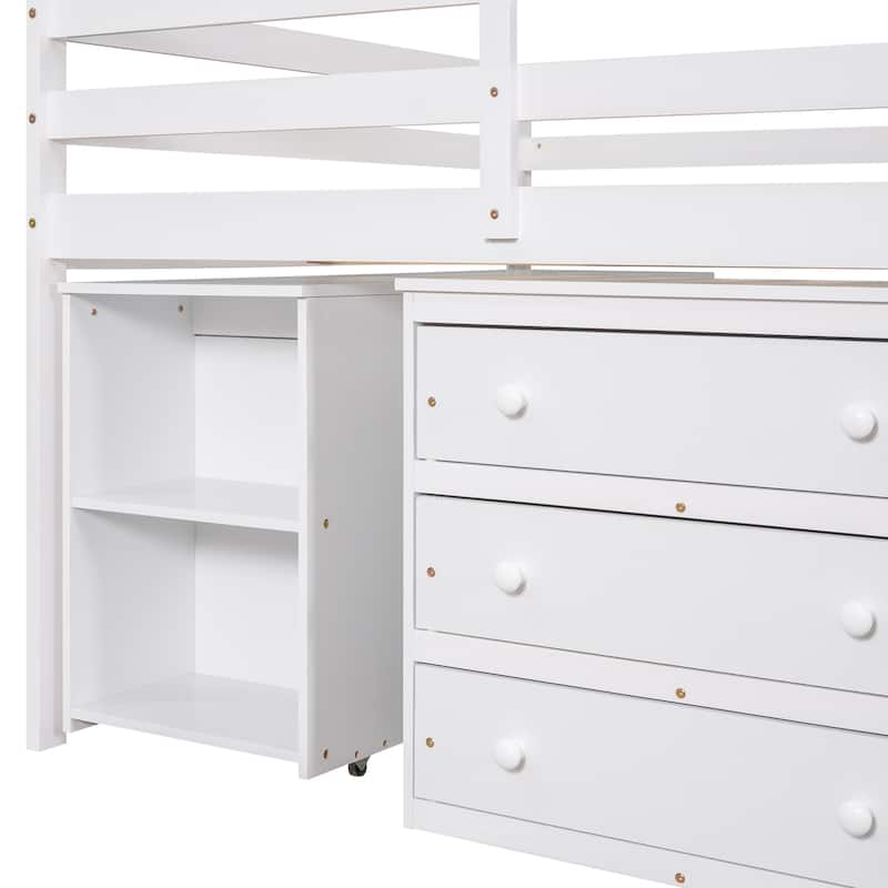 Twin/Full Size Low Loft Bed with Cabinet and Mobile Desk, Space-Saving Design