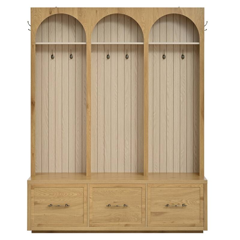 Wooden Style Hall Tree with Arched Design, Entryway Bench with Retro Hooks, Rustic Coat Rack & Shoe Organizer with Drawers