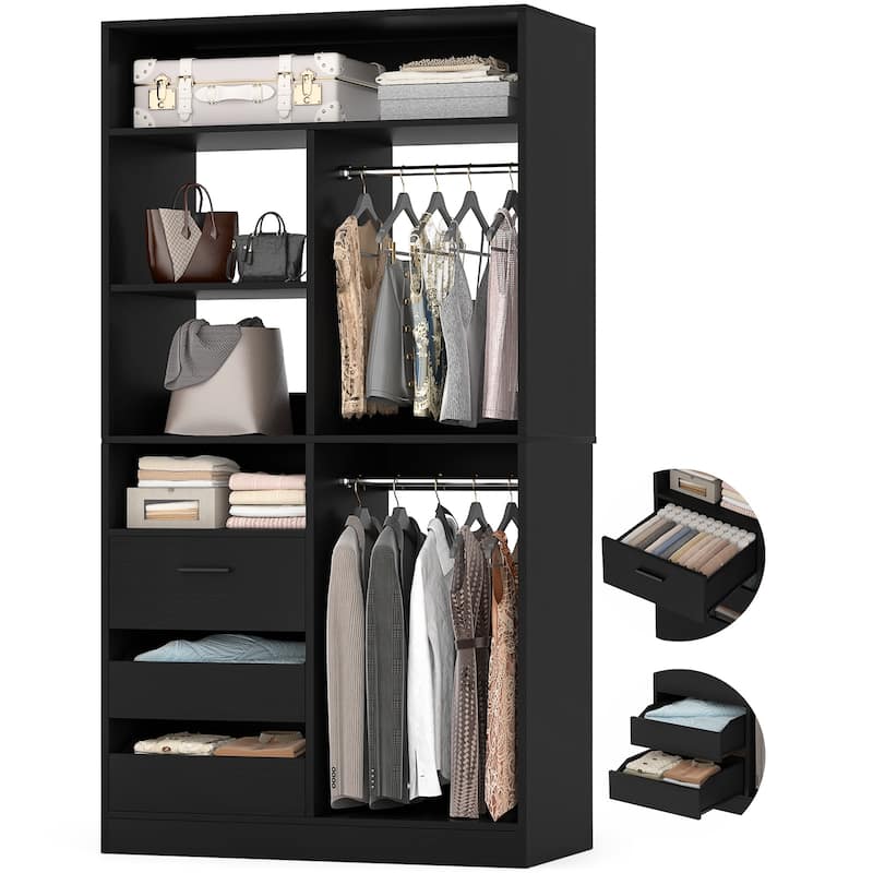 Qvella 72"-108" Closet System with Drawers and Hanging Rods,Freestanding Walk-in Closet Organizer System Wardrobe Closet Tower