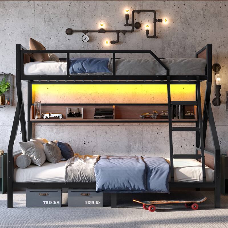 Twin XL over Queen Bunk Bed, Metal Bunk Bed with Storage Shelves and Lights, Space-saving & Noise-free Design, Black