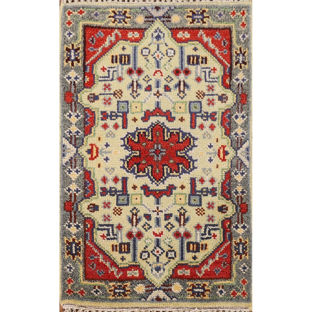 Geometric Kazak Indian Foyer Rug Hand-Knotted Wool Carpet - 2'0" x 3'0"