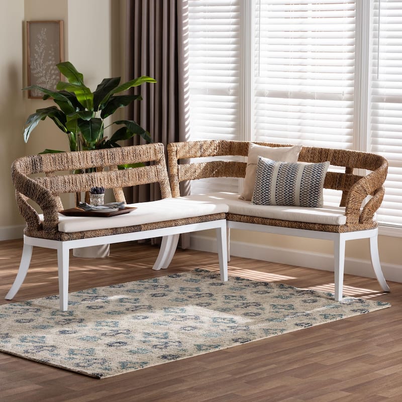 Ubud Seagrass Dining Nook Set with Mahogany Wood Frame - L-Shaped Rattan Accent Corner Bench for Kitchen or Dining Room, 2-Piece
