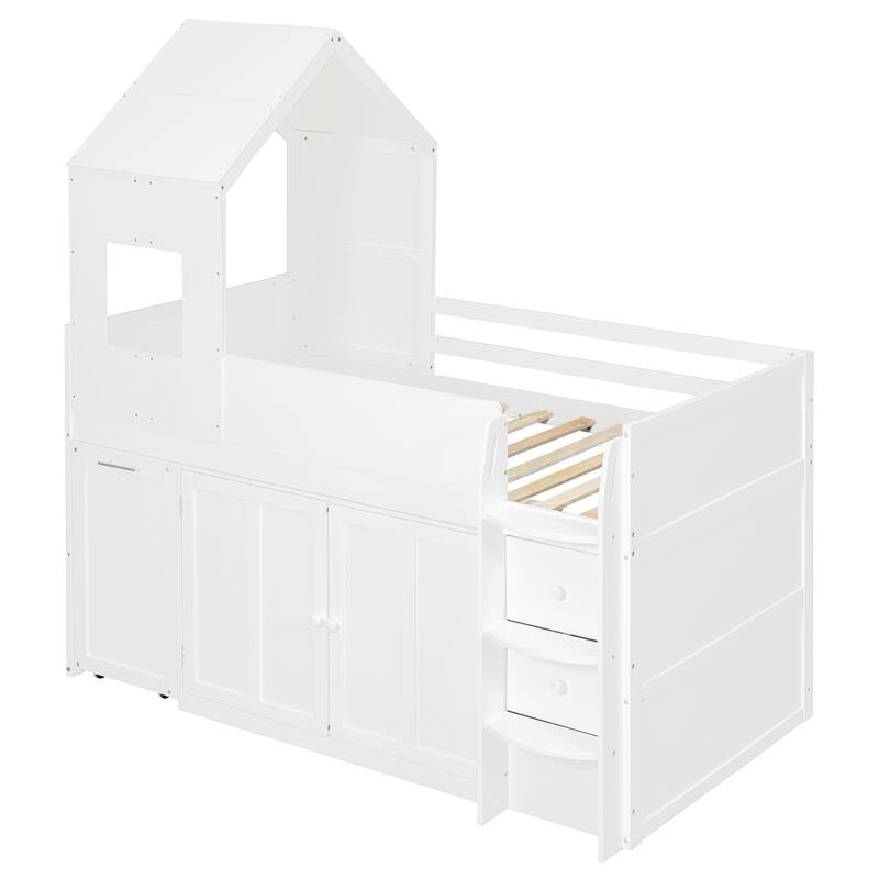 House-Style Kids Loft Bed Frame with Cabinets, Desk, Twin Size Wooden Loft Bed with Safety Guardrail & Storage Ladder