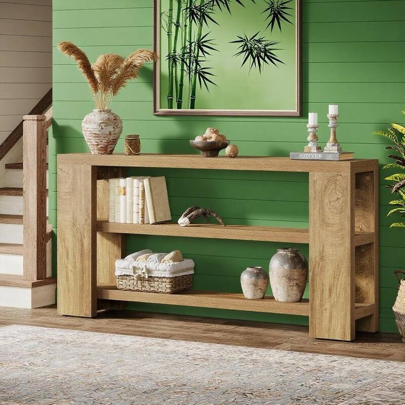 Brown Wooden 3-Tier Farmhouse Console Table with Extra-Long Shelf - 70.87” L x 11.61 W x 33.46 H