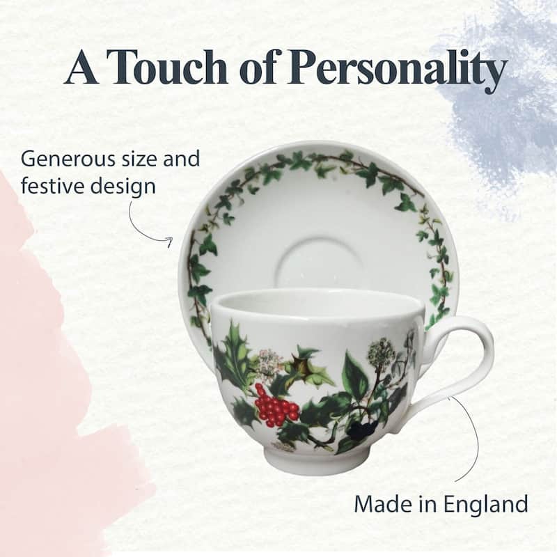 Portmeirion Set of 6 Christmas The Holly and Ivy Teacups and Saucers - 6.7 oz