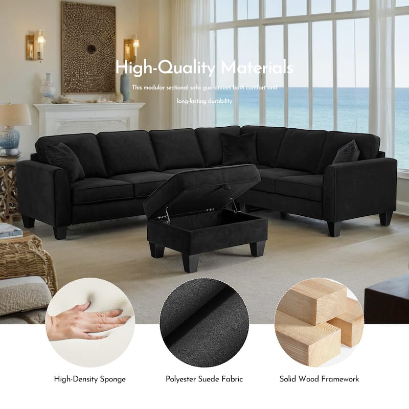 112" Width Black L-Shape Sectional Livingroom Modular Sofa With Storage Ottoman