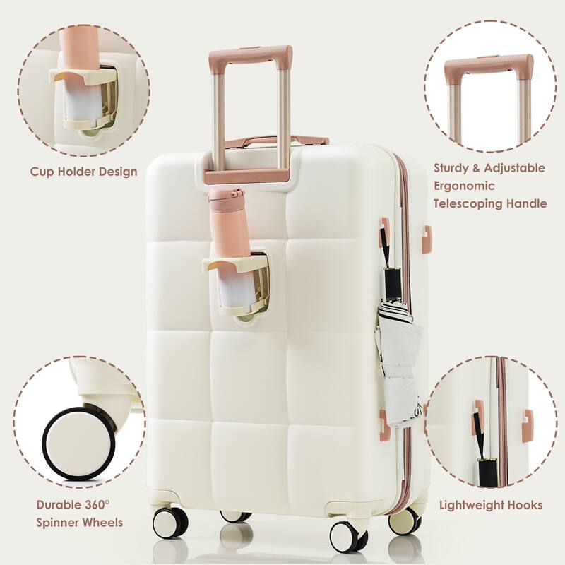 Luggage Sets 4 Piece, 20-inch with USB Port, Expandable ABS Durable Suitcase - Beige+Gold