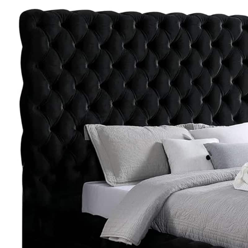 Steph Queen Bed, Black Button Tufted Flannelette Upholstery, XL Headboard
