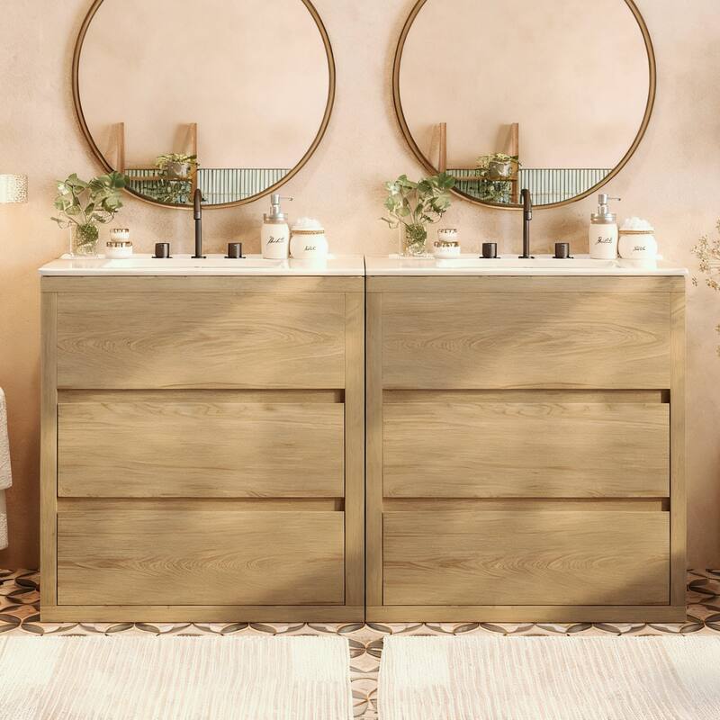 60" Double Sinks Bathroom Vanity Set, Bathroom Cabinet with Two Separate Ceramic Sinks, Soft Close - Natural Wood