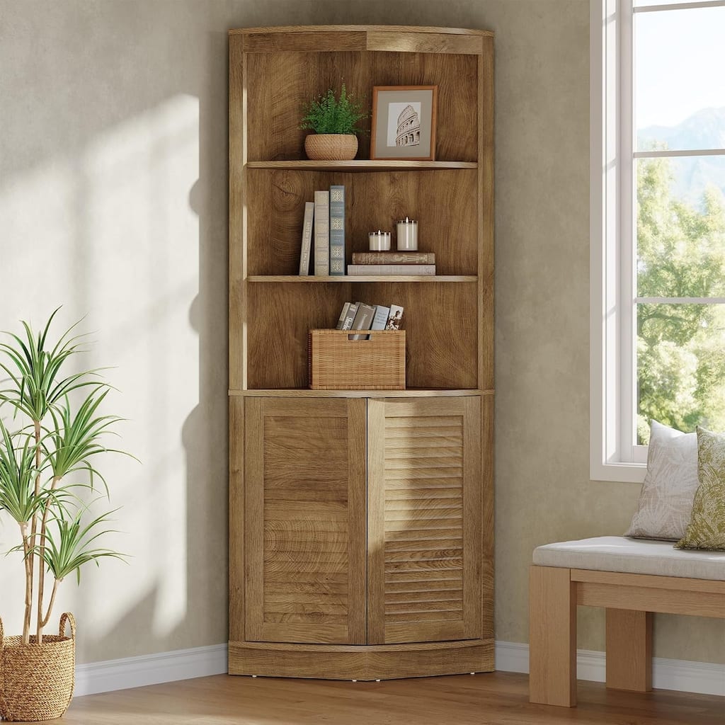 66.9-Inch Tall Corner Cabinet, 5-Tier Storage Cabinet with Doors, Farmhouse Corner Shelf - 27.83" L × 19.69" W × 66.93" H