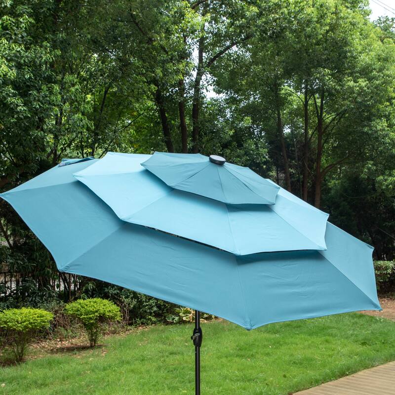 MAISON ARTS 10ft 3 Tier Auto-tilt Patio Umbrella Outdoor Double Vented Umbrella with LED Lights