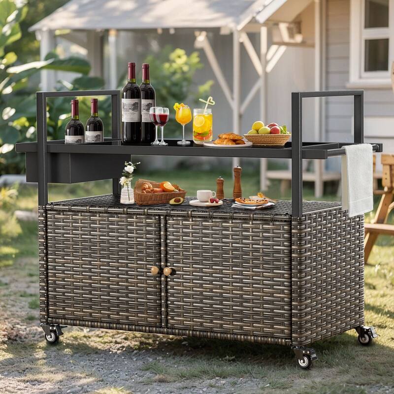 Outdoor Grill Cart Table with Wheels, Wicker Kitchen Island - Grey