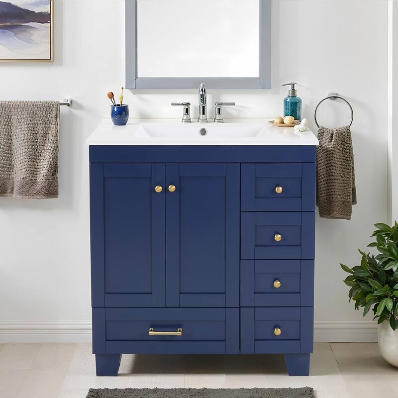36" Bathroom Vanity with Top Sink, Modern Bathroom Storage Cabinet with 2 Drawers and a Tip-out Drawer, Single Sink - Blue