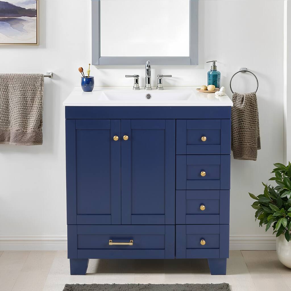 36" Bathroom Vanity with Top Sink, Modern Bathroom Storage Cabinet with 2 Drawers and a Tip-out Drawer, Single Sink