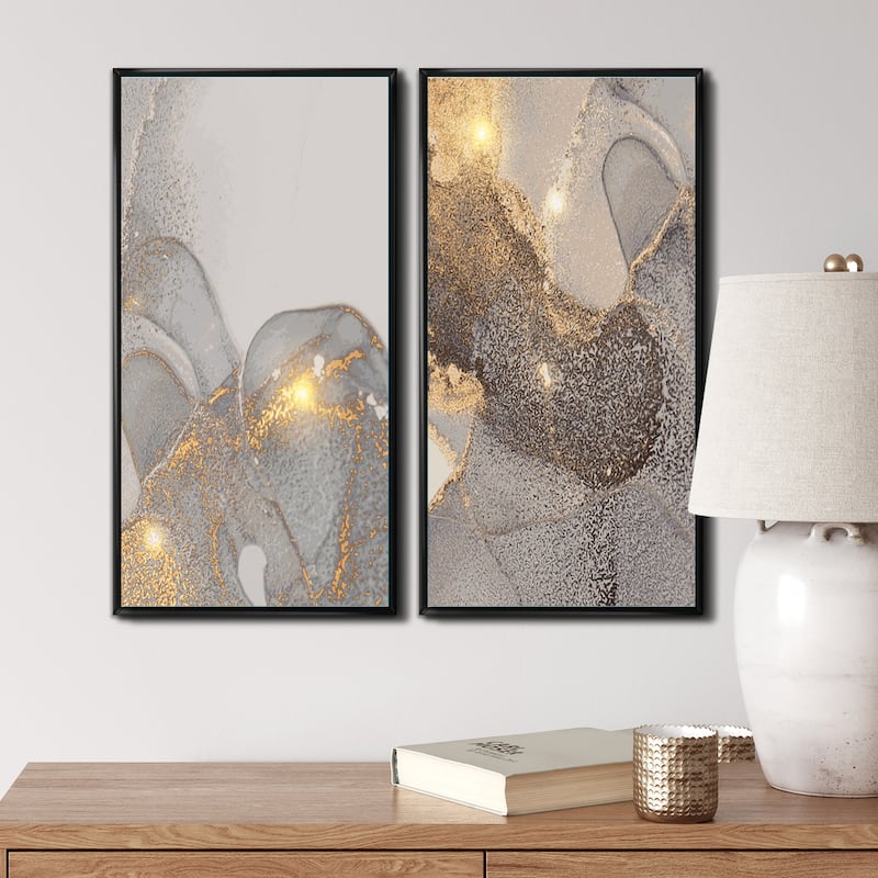 Designart "Grey & Gold Marble Liquid Art I" Abstract Framed Art Set of 2 Pieces - 24 in. Wide x 20 in. High - Panels - Black