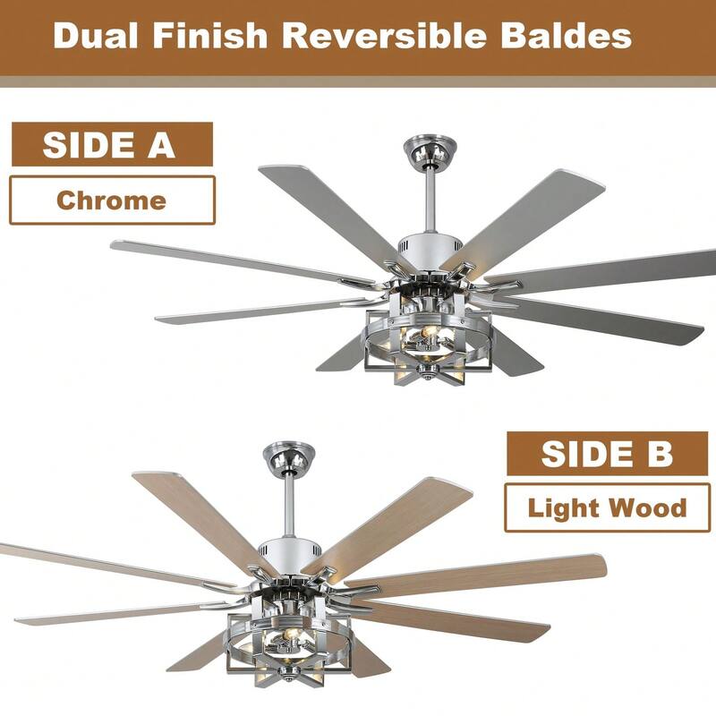 Cusp Barn 65in. Industrial Large Caged Ceiling Fan with Light, Quiet DC Motor 6-speed Reversible 8-Blade Ceiling Fan for Bedroom