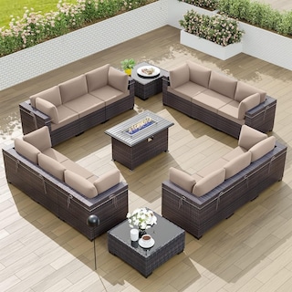 Kullavik 15PCS Outdoor Patio Furniture Set with Fire Pit Table & Glass Top Coffee Table