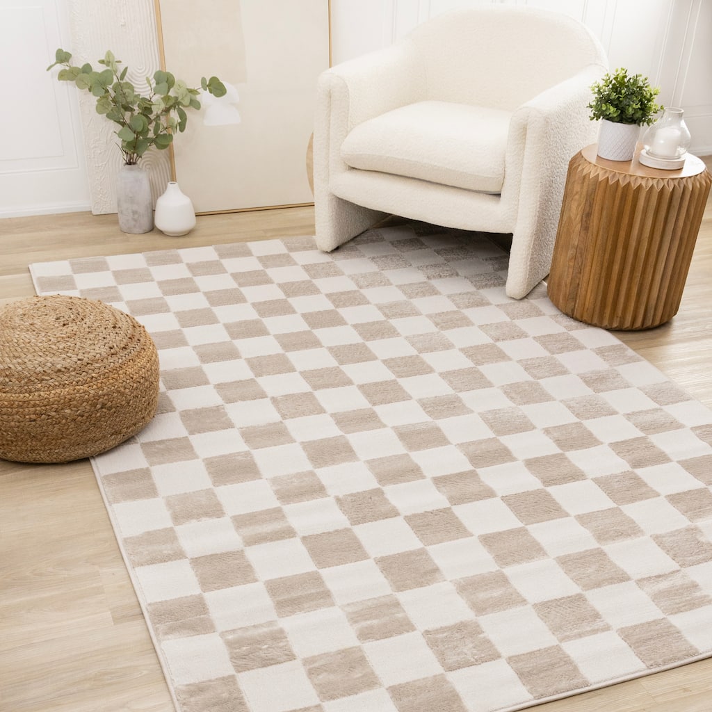 Leonardo Brown Off-White Checkered Area Rug