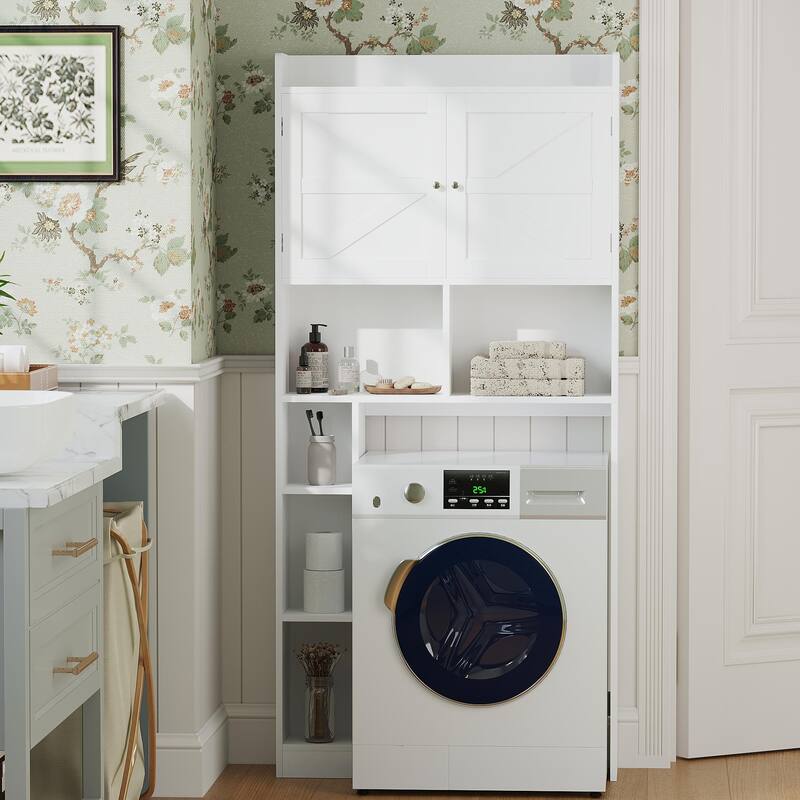 Anmytek Over The Toilet Storage Cabinet with Barn Door, Rustic Farmhouse Bathroom Laundry Organizer with Adjustable Bottom Bar