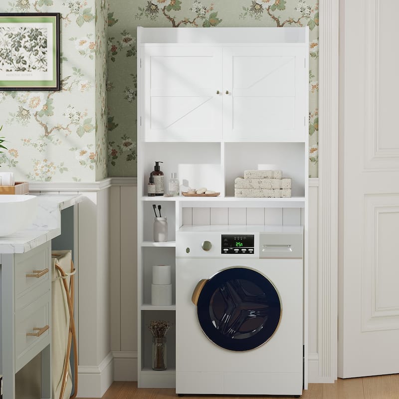 Over-The-Toilet Storage Cabinet with Adjustable Shelf, Bathroom Space Saver with Double Doors and Open Shelves