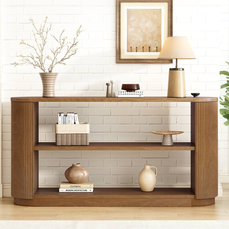 58.9" Wooden Entryway Console Table with Triple Tier Open Storage Shelves, Living Room Vertical Striped Sofa Table with Oval Top