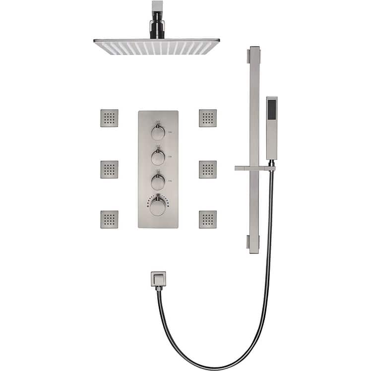 12" In Wall Rainfall 3 Way Thermostatic Shower System w/ Slide Bar, 6 Jets