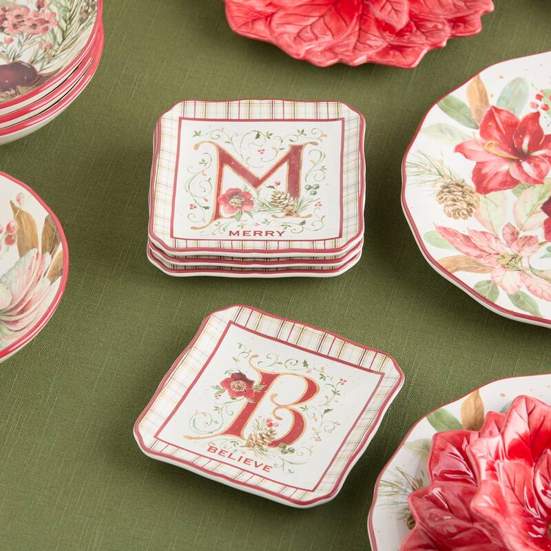 Certifed International Winter Blooms Set of 4 Canape/Appetizer/Dessert Platse 6" Assorted Designs - 6 L x 6 W x 0.75 H