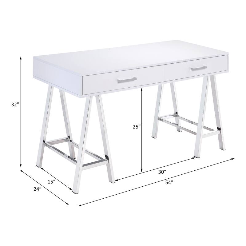 54" High Gloss Writing Desk with Built-in USB Port & Storage Drawers, Chrome Accents