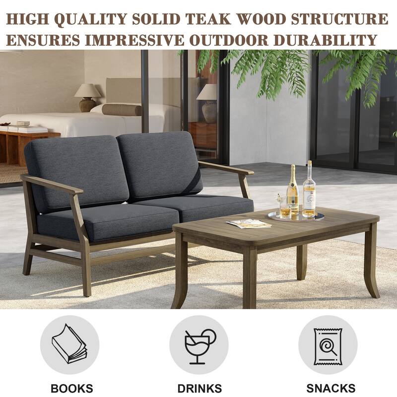 Outdoor Loveseat Sofa with Coffee Table Teak Wood Patio Furniture