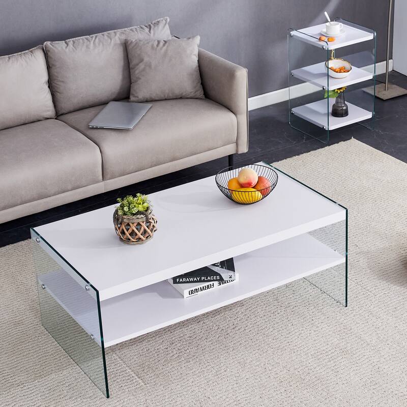 Double Layered Rectangular Coffee Table, Made Of MDF With Wooden Stickers, With Transparent Tempered Glass On Both Side