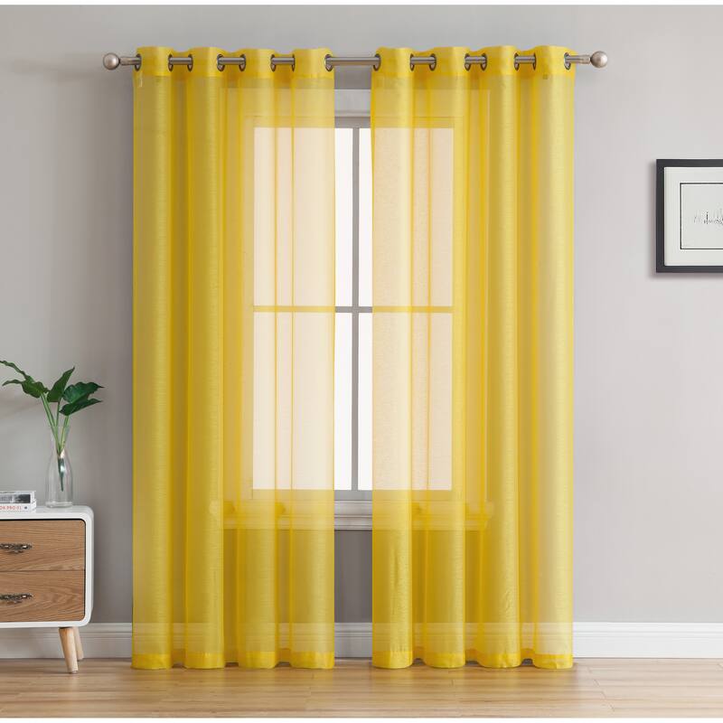 HLC.me 2 Piece Semi Sheer Voile Window Curtain Drapes Grommet Top Panels Bedroom, Living Room - Set of 2 panels - 54 W x 84 L - Bright Yellow
