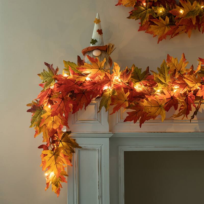 Glitzhome Thanksgiving LED Lighted Fall Maple Leaves Wreath & Garland with Timer