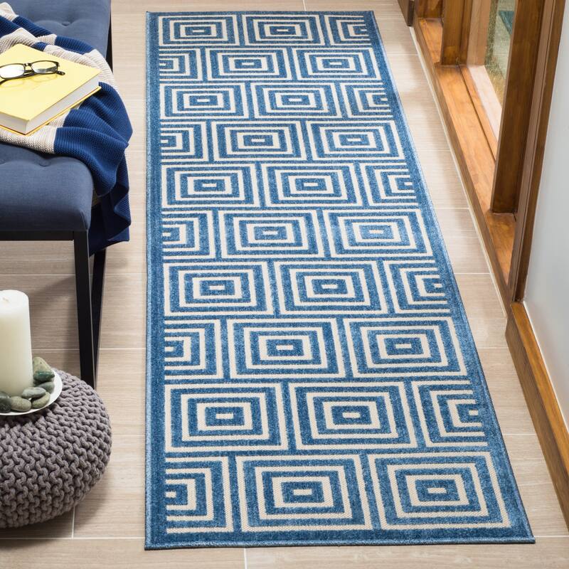 SAFAVIEH Cottage Burga Geometric Indoor/ Outdoor Patio Backyard Rug - 2'3" x 8' Runner - Cream/Light Blue