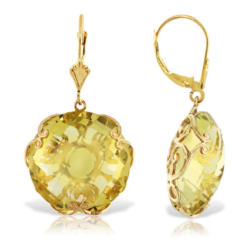 14K Solid Gold Leverback Gemstone Earrings Round Lemon Quartz Jewelry - Yellow
