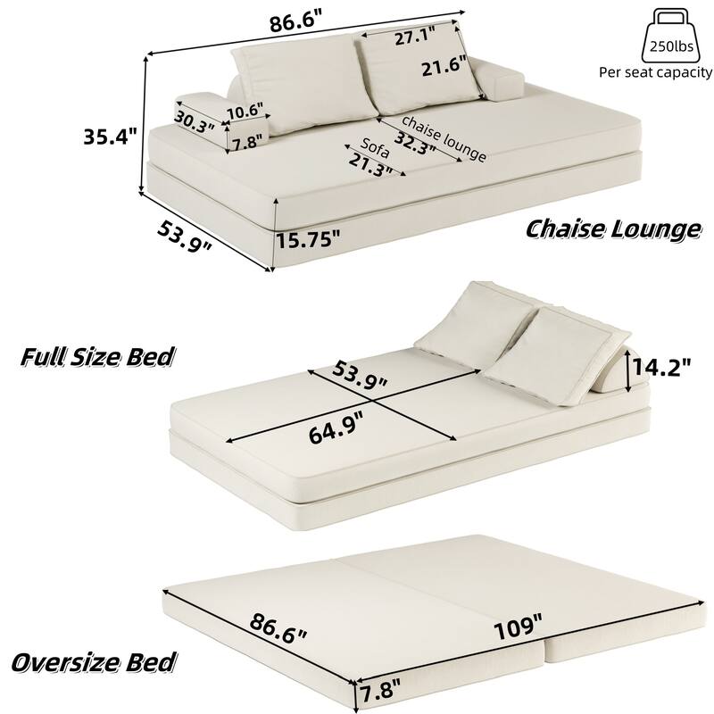 GDFStudio - 86.6" Multifunctional Chenille Upholstered Convertible Sofa Bed with 2 Removable Backrests & Soft Pillows