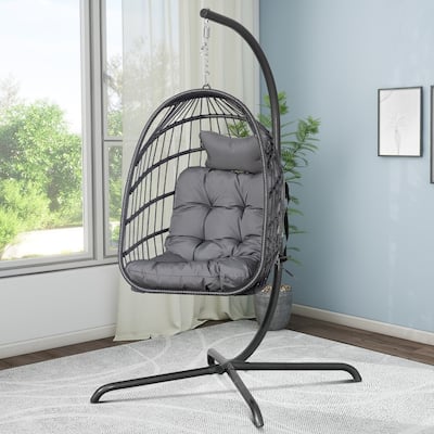 FINCATI Indoor Egg Swing Chair with Stand, 350 lbs Hanging Egg Chair with Stand, Outdoor Patio Wicker Hammock with Stand