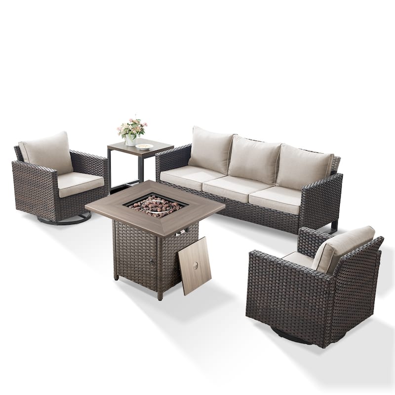 5 Pieces Fire Pit Table with Sofa Swivel Chair Set