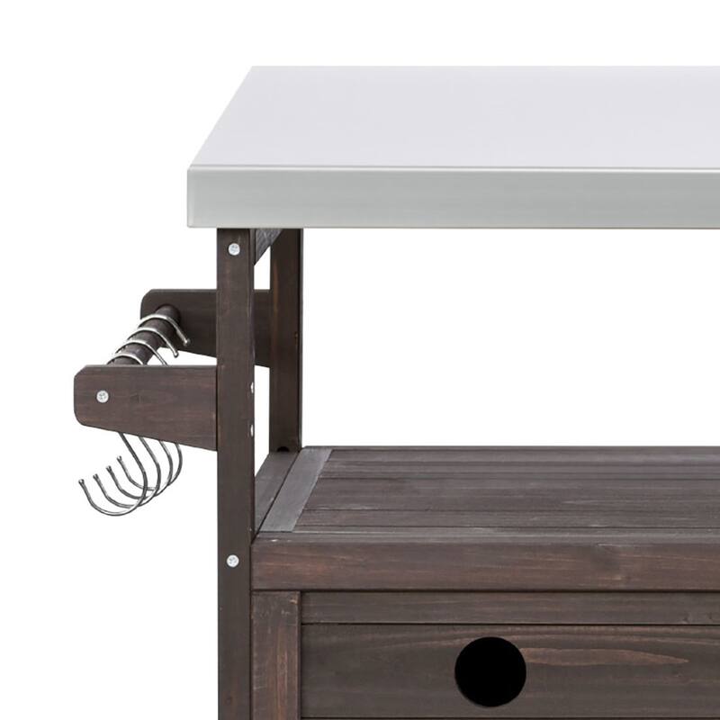 Vintage Stylish Wooden Kitchen Island with Stainless Steel Top, Indoor/Outdoor Use