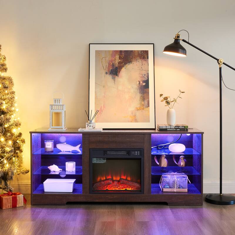 58'' TV Stand for TVs up to 62'' with 18'' Electric Fireplace, LED Lights, Glass Shelves, USB Charging Ports and Power Outlets