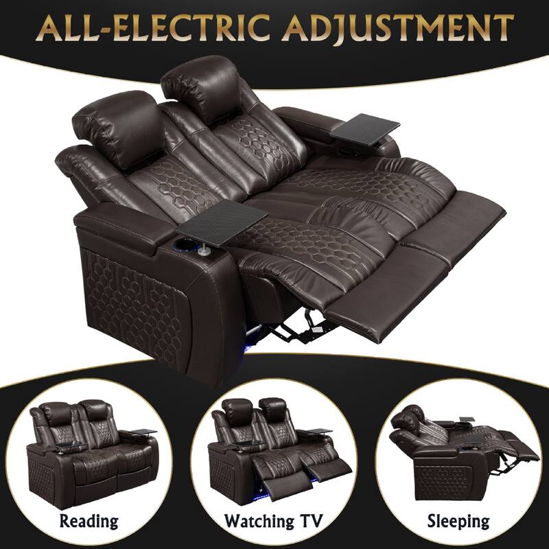 Roomfitters 62" Power Recliner 2-Piece Set, Top-Grain Nappa Leather, 30-Color RGB LED & USB-C Charging, Coffee