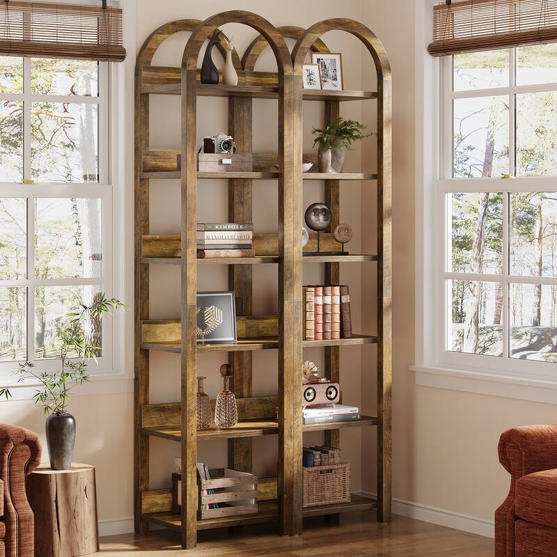 71'' Tall Brown Wood Arched Bookshelf Narrow Skinny Bookshelf with 6 Open Shelves