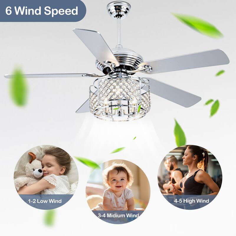 Cusp Barn 52 Inch Crystal Ceiling Fan, Chrome Reversible Chandelier, Modern Silent AC Motor Lighting Fixture for Dining Room
